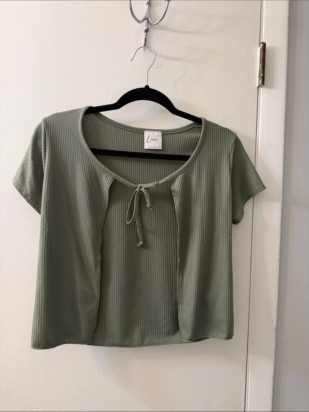 Olive Ribbed Tie-Front Short Sleeve Top - Women